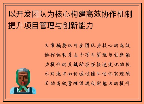 以开发团队为核心构建高效协作机制提升项目管理与创新能力